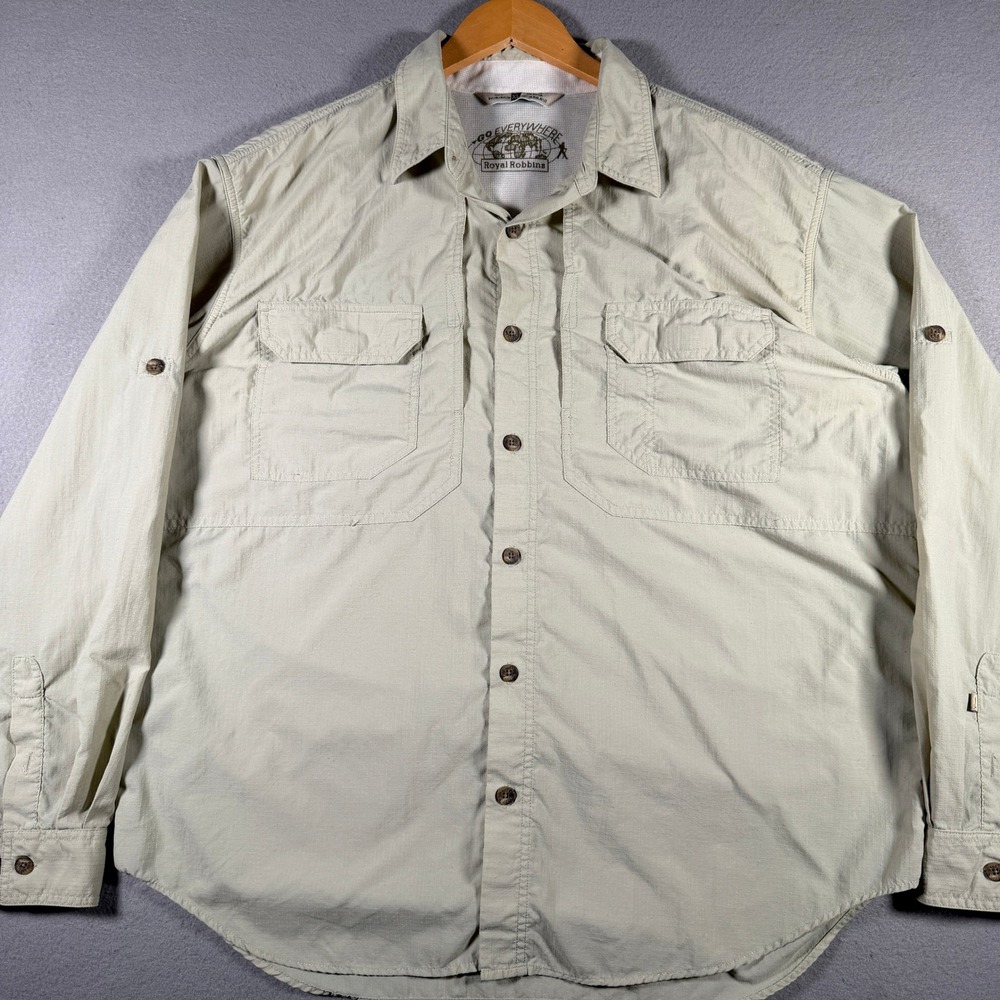 Royal Robbins Mens XL Khaki Ripstop Nylon Vented Outdoor Hiking Shirt LS